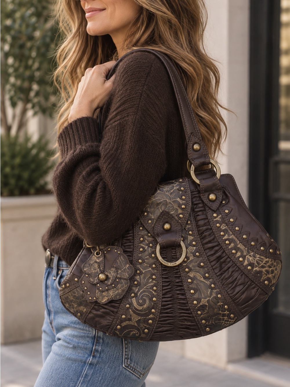 Isabella Fiore Y2K Chocolate Brown Studded Floral Leather Hobo